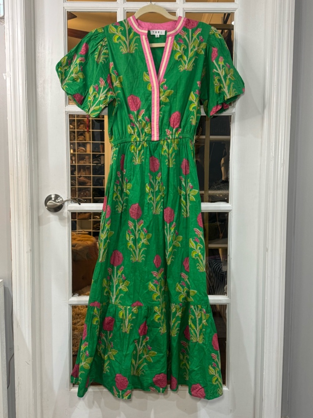 🌺🍋🟩THML Green Floral Maxi Dress with Pink Trim embroidered boho puff sleeve - Picture 5 of 10